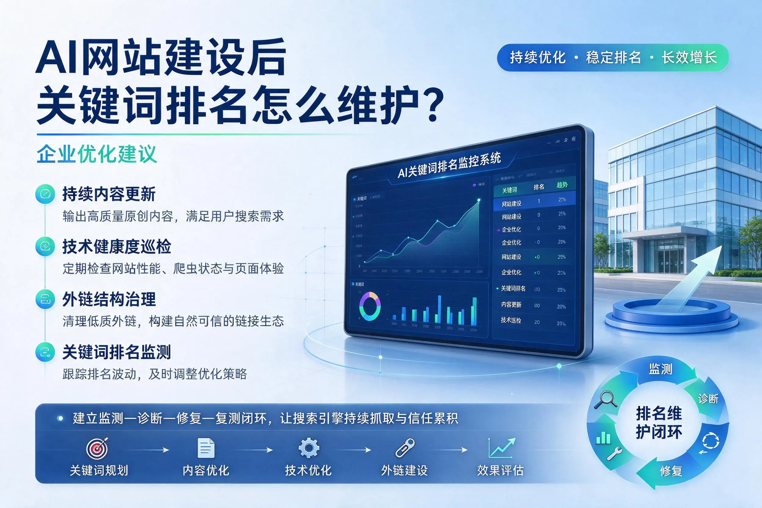 AI网站建设后关键词排名怎么维护？巴音郭楞企业优化建议