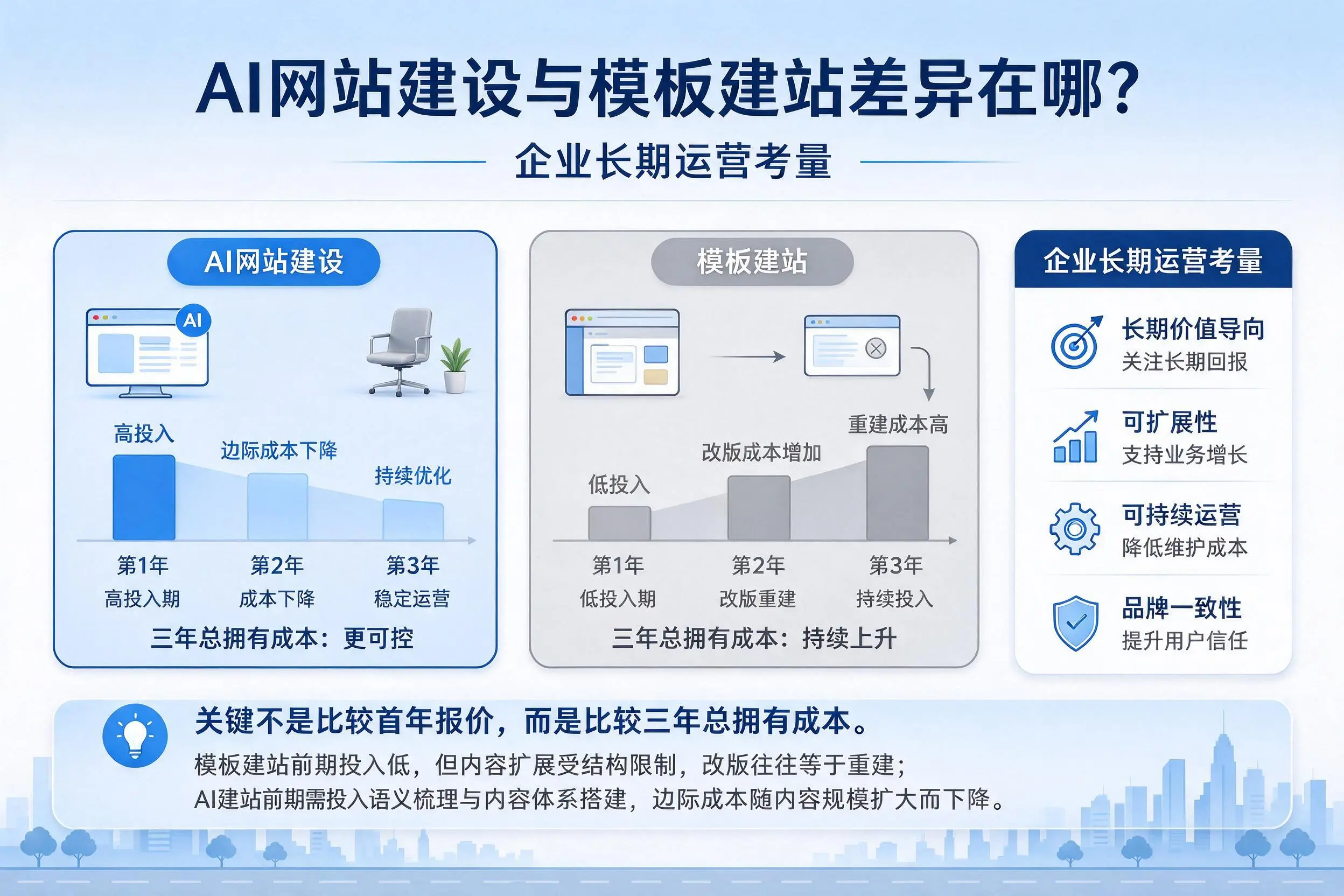 AI网站建设与模板建站差异在哪?巴音郭楞企业长期运营考量